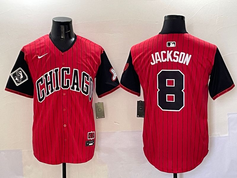 Men Chicago White Sox 8 Jackson Red Stripe Joint Name Nike 2025 MLB Jersey style 8